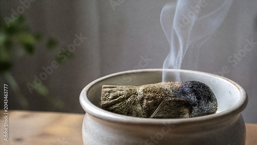 mugwort. A small bundle of dried mugwort smoldering in a ceramic pot, herbal smoke. gardening catalogs, home-decor guides, designed for gardening and botanical catalogs, used by bi analysts.