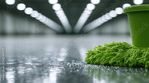 Green mop and bucket sit on a wet, glossy floor in a brightly lit hall