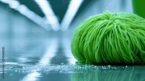 Bright green mop head resting on a wet, reflective floor, hallway background