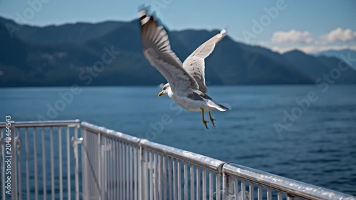 Seagull Resting on Waterfront Railing with Mountain View