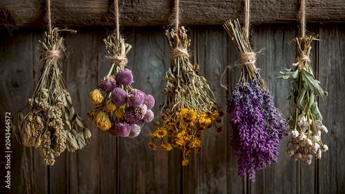 Dried Medicinal Herbs Hanging in Rustic Country Kitchen