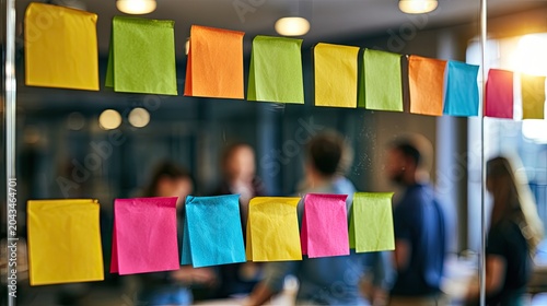 Colorful sticky notes arranged on a glass partition during a meeting