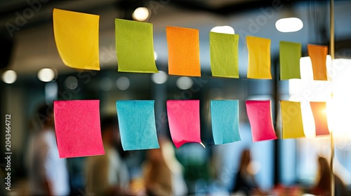 Brightly colored notes adhered to a glass surface, with blurred figures in the background