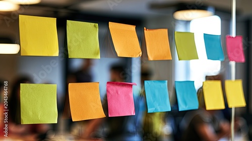 Vibrant sticky notes in various colors arranged on a clear surface, blurred office background