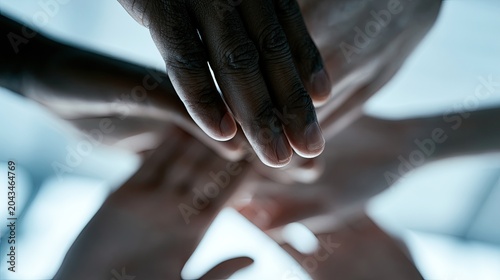Diverse hands joined together, symbolizing unity, support, and collaborative spirit