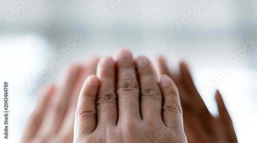 Many hands reaching up, blurred background