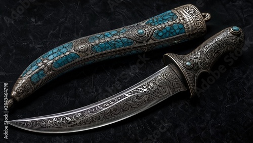 scabbard. Curved dagger with intricate arabesque patterns and turquoise inlaid scabbard. event programs, museum guides, designed for cultural heritage projects and event programs.