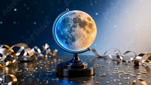 starlight. Lunar globe centerpiece with crescent confetti and ribbon curls. gardening catalogs, home-decor guides, designed for home decor and floral branding, used by SEO specialists.