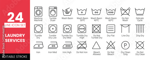 Laundry Care and Washing Instruction Line Icon Set. Garment Fabric Wash Guide editable line icon. Vector Illustration.