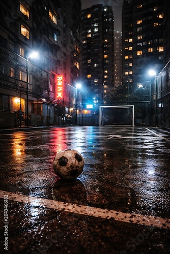 Small street football (Soccer) pitch surrounded by towering apartment buildings, neon-lit urban atmosphere, wet concrete textures