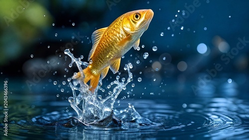 leap. Golden fish leaping from water with frozen droplets, vibrant aquatic tones under directional light. wildlife magazines, conservation campaigns, designed for wildlife conservation campaigns.