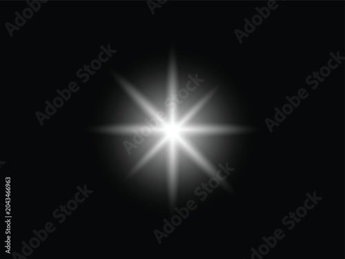 Bright Sparkle Star Light Effect. Glowing Lens Flare Starburst Symbol on Black Background. Vector Illustration.