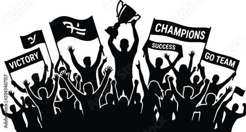 Championship Crowd Silhouette Vector with Trophy & Banners .