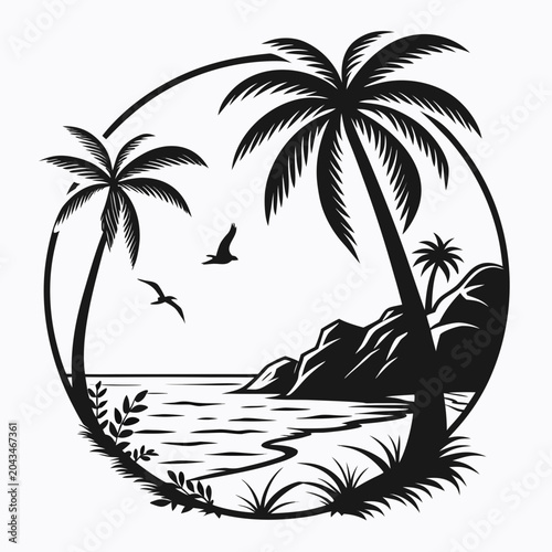 Black and white tropical island scene with palm trees and birds
