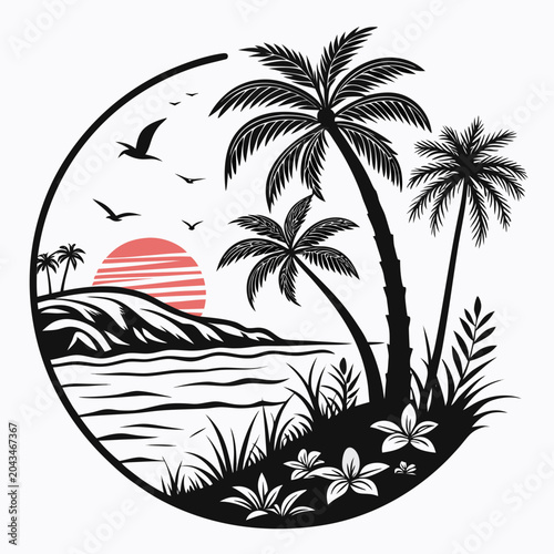 Tropical beach scene with palm trees and sunset