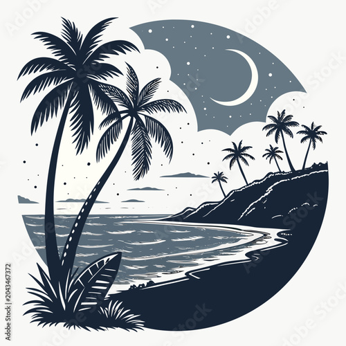 A serene beach scene at night with palm trees and a crescent moon in the sky