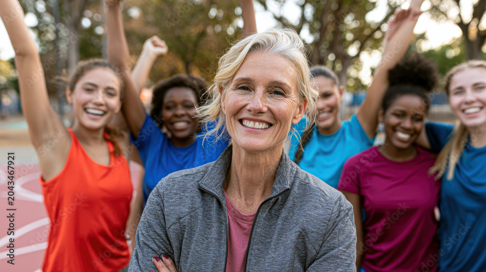 Fototapeta premium Smiling diverse group of women celebrating outdoors with an older woman in front, showcasing empowerment and happiness in a casual sports setting.