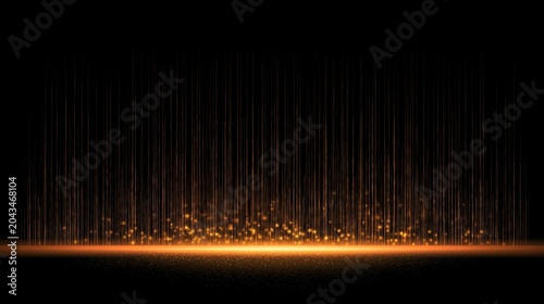 Abstract art illustration with golden light effect on black background, horizontal golden light source at the bottom, slender vertical golden lines, dynamic energy light, scattered light reflection on