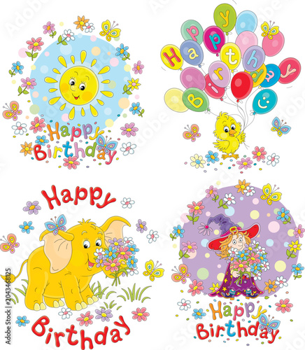Happy birthday cards with a little witch, a small yellow chick, a baby elephant and a smiling sun,  a set of vector cartoon illustrations isolated on a white background