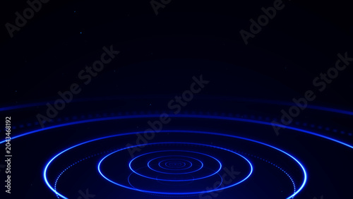 Blue neon concentric rings on a dark digital technology background, glowing portal interface with deep perspective, cyber energy, and sci tech mood.