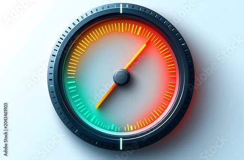 Round gauge with orange needle and green to red gradient scale meter dial measurement