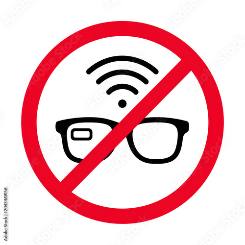 No Smart Glasses Allowed Sign Icon. Red Circular Prohibition Symbol Forbidding the Use of Smart Eyewear with Wireless Connectivity and AI Features for Privacy and Safety Protection.