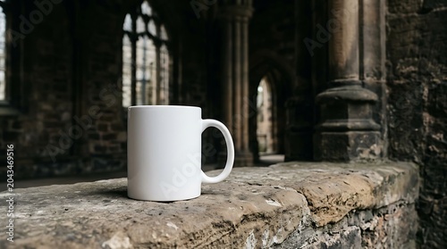 Blank white ceramic mug standing on ancient stone wall inside gothic cloister architecture for branding mockup display
