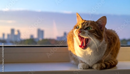 Yawning Ginger and White Cat Sitting on Windowsill with Blurred City Skyline at Sunset