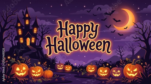 Happy Halloween illustration featuring a spooky castle, glowing pumpkins, and a full moon under a starry night sky