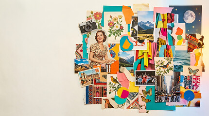 Artistic collage of vintage photos and colorful paper clippings