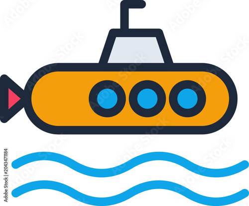 Schilderij op canvas Yellow submarine illustration featuring blue portholes and ocean waves isolated on a professional white background layout