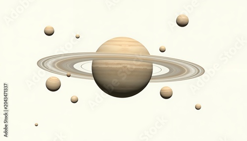 A realistic depiction of the planet saturn with its rings and several moons in deep space