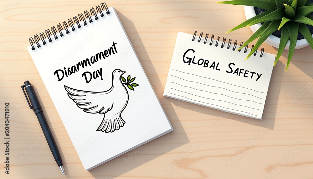Fototapeta premium Notepad with disarmament day text and dove next to global safety note on wooden desk