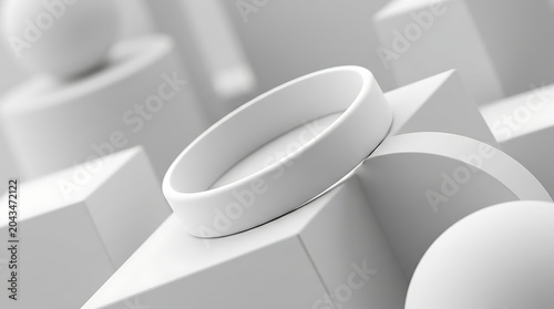 Blank silicone wristband mockup set amidst geometric 3d shapes for branding identity promotion and corporate awareness campaigns