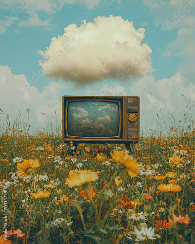 Old Television Stands in a Field Full of Flowers Under a Cloud on a Sunny Day