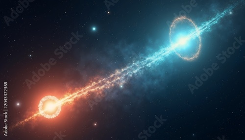 Two glowing celestial connected by a bright luminous beam in deep space stars galaxy