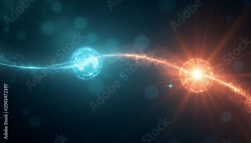 Two glowing planets in space with a stream of energy connecting them in the darkness