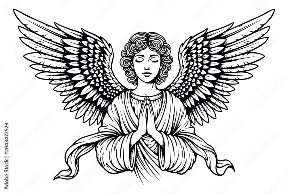Obraz premium Engraving illustration of a praying angel depicting serene winged figure with hands clasped for religious and spiritual design