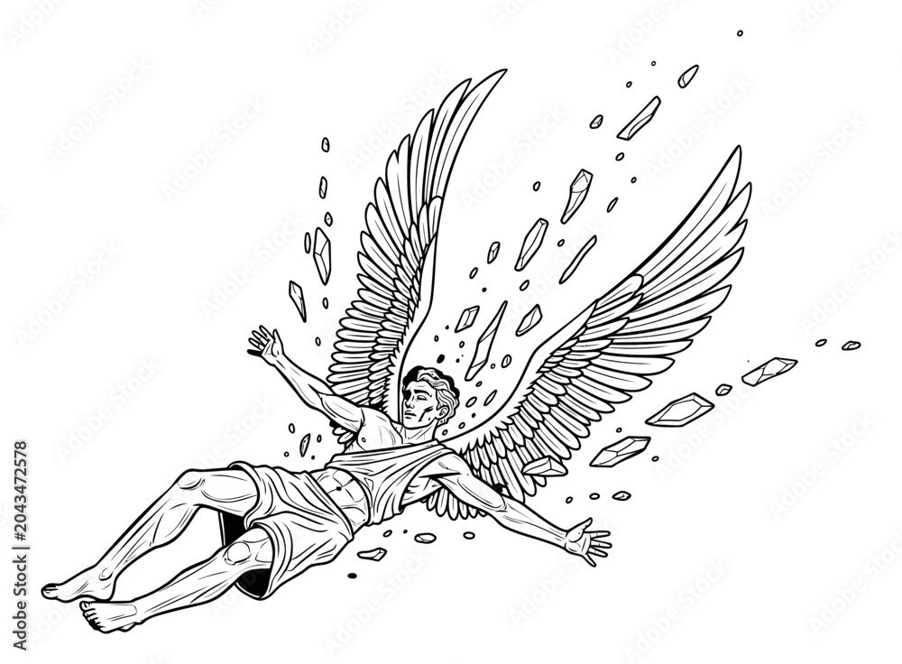 Obraz premium Line art illustration of Icarus falling depicting winged figure with disintegrating feathers for mythology and tattoo design