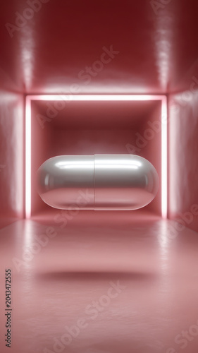 Futuristic smart pill capsule floating in glowing pink room, modern medical technology concept, minimalistic design, innovation, healthcare, hope, and wellness