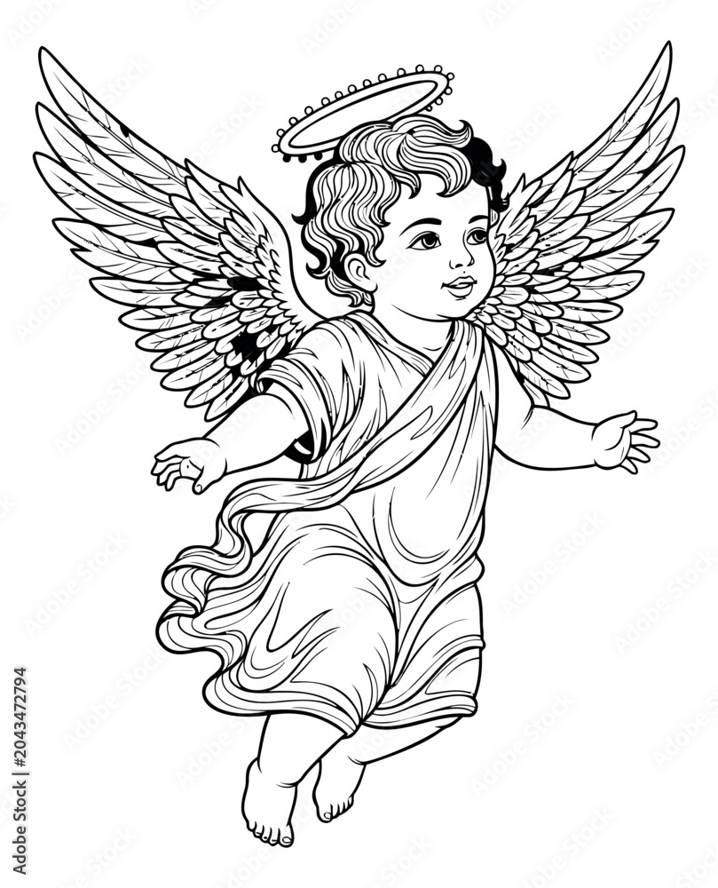Obraz premium Line art illustration of a cherub angel depicting a flying infant with halo and wings for religious and spiritual design