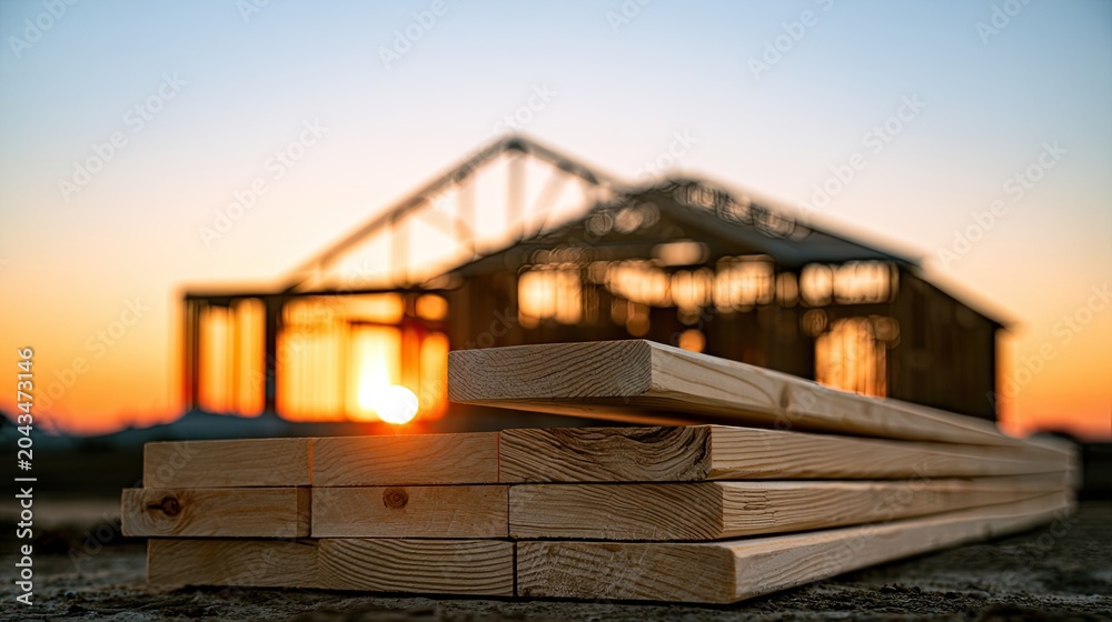 Fototapeta premium Stacked lumber in foreground against blurred house frame at sunset