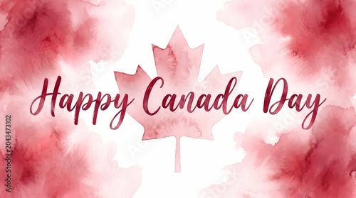Happy Canada Day watercolor illustration with a red maple leaf, celebrating Canada's national holiday
