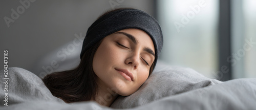 Woman sleeping peacefully with advanced neural sleep tracker headband cozy bedroom natural light relaxation technology comfort wellness restful modern lifestyle