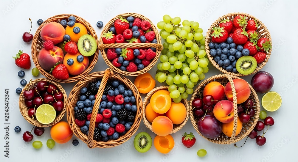 Fototapeta premium Top view of assorted fresh fruits and berries in wicker baskets on a white background