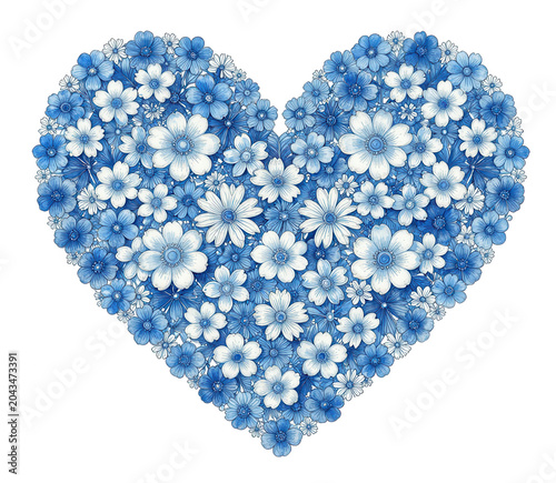 Blue Floral Heart Made of Daisies Isolated on Transparent Background