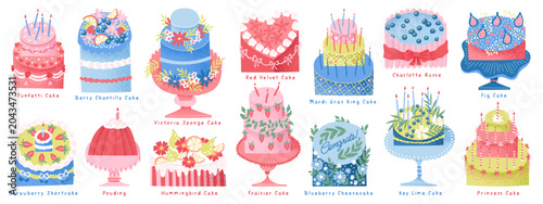 Cakes and desserts. Pastry shop. Vector isolated illustrations of a birthday cake with candles, wedding cake, berry, red velvet, cheesecake, fig, biscuit,  pudding, and cupcakes for icon, bakery