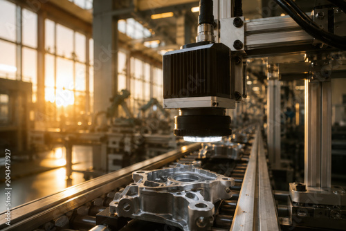 Automated machine vision technology inspects components in modern manufacturing facility during sunset, showcasing innovation and precision