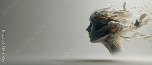 Abstract profile of a human head with flowing, ethereal elements, representing thought and consciousness.