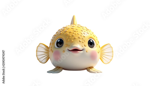 A cute yellow pufferfish character with big eyes and small fins isolated on black background isolated on a transparent background